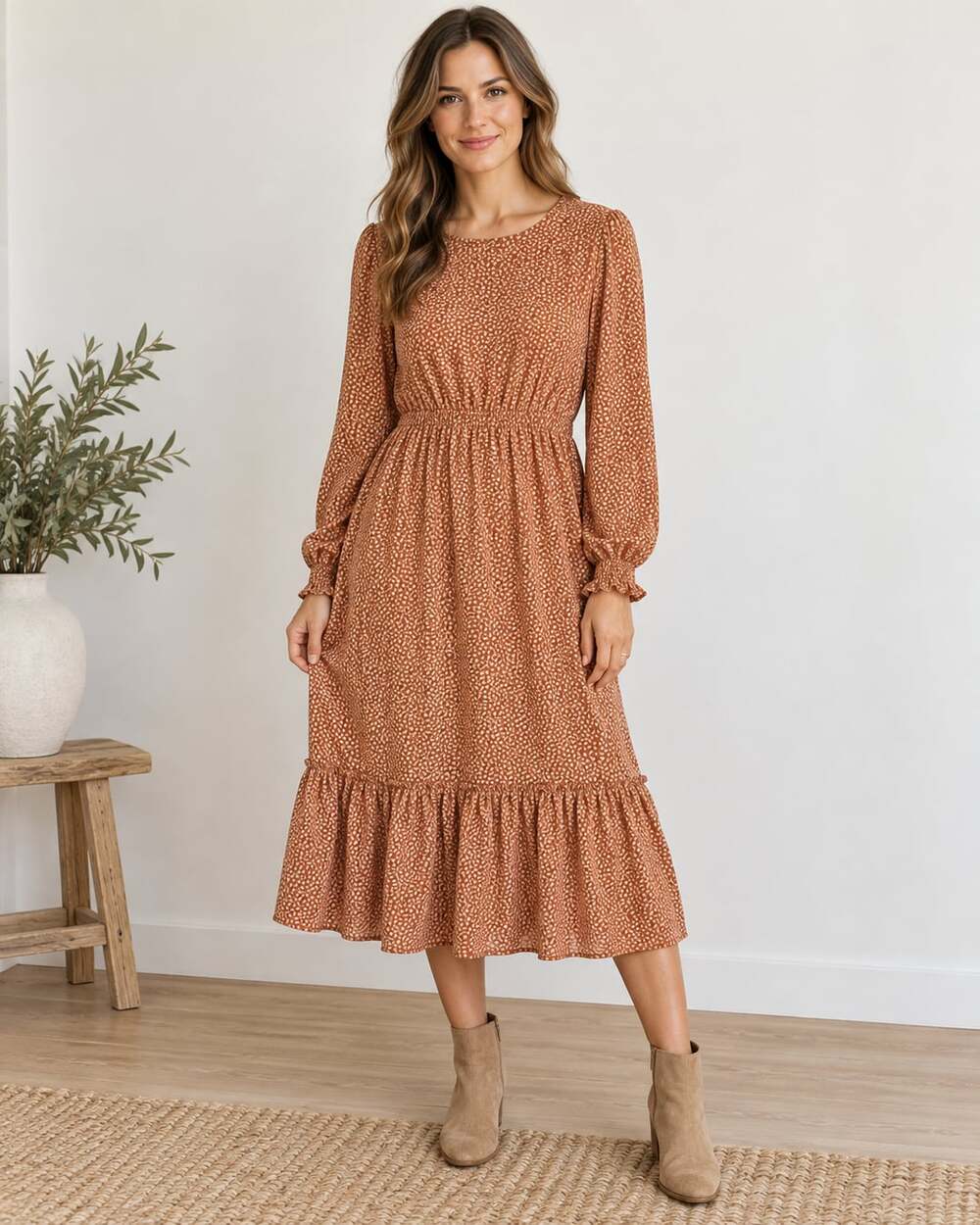 Tulip B Long Sleeve Printed Smocked Waist Tiered Maxi Dress